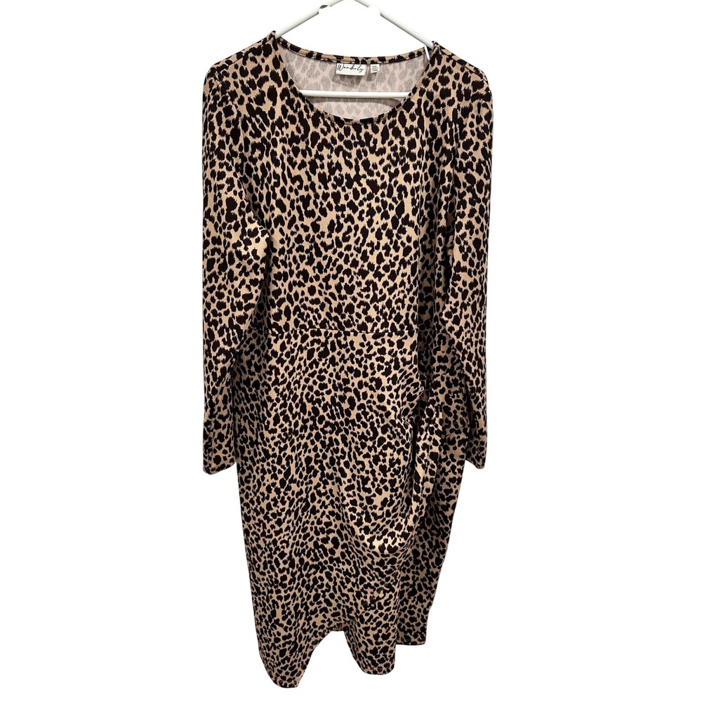 Wonderly Womens Leopard Print Long Sleeve Ruched Side Sheath Dress XXL Tan Black